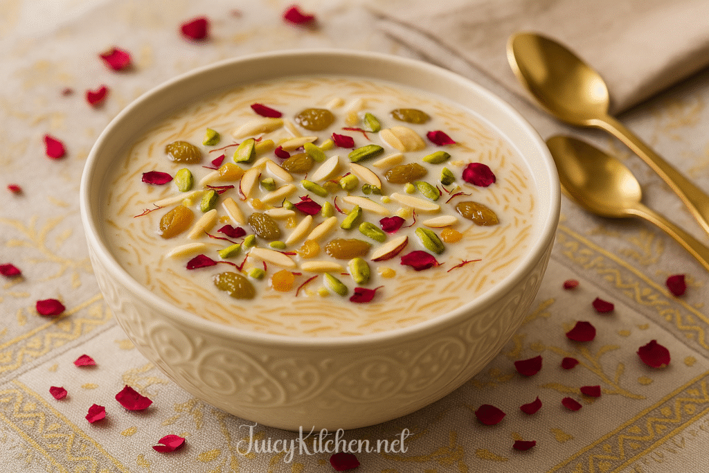 Creamy sheer khurma garnished with nuts and saffron in a festive bowl on an Eid breakfast table.
