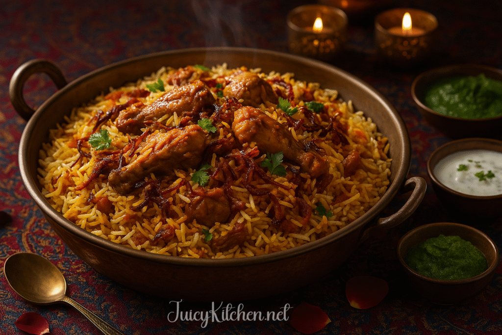Aromatic chicken biryani with saffron rice and garnishes, served with raita on a festive table.
