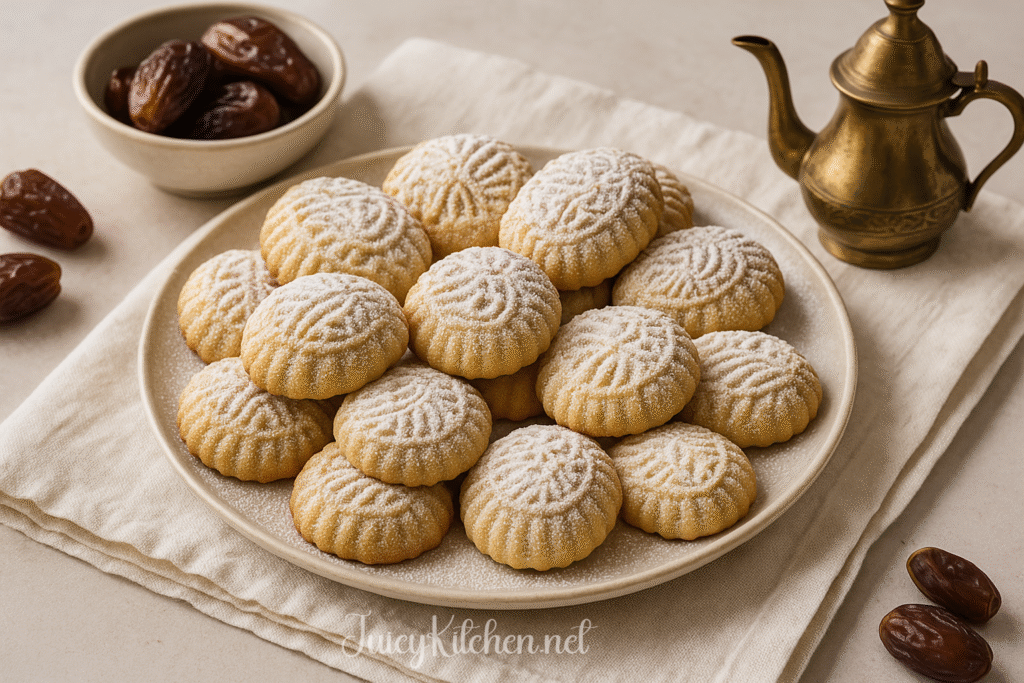 Traditional maamoul cookies with powdered sugar on a platter beside dates and tea.