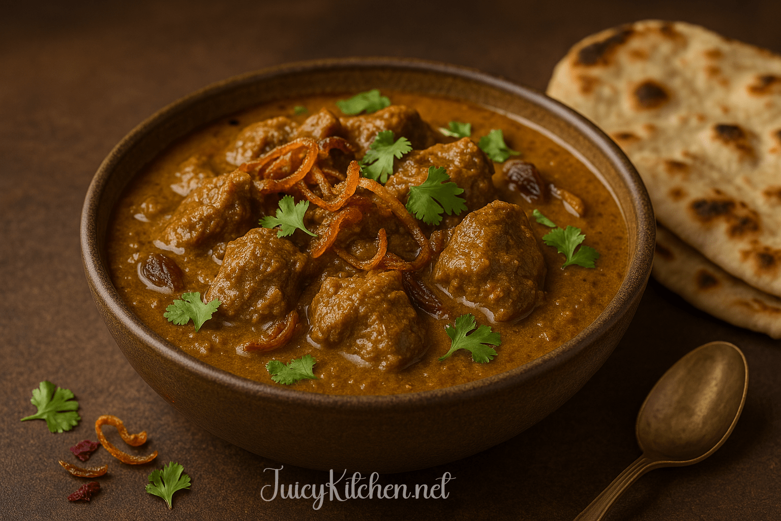 Rich lamb korma in a bowl, topped with herbs and onions, served with naan.