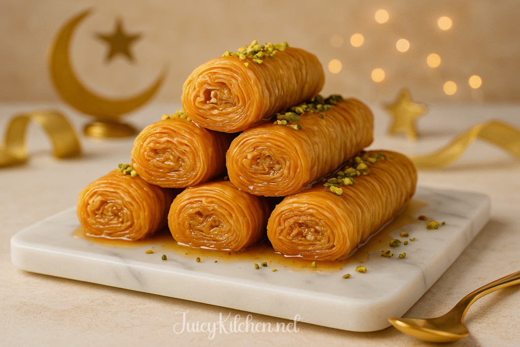 Crispy baklava rolls with syrup and pistachios, styled for Eid dessert presentation.