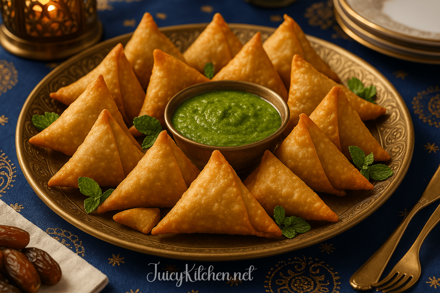 Golden fried chicken samosas served with mint chutney on a festive platter.
