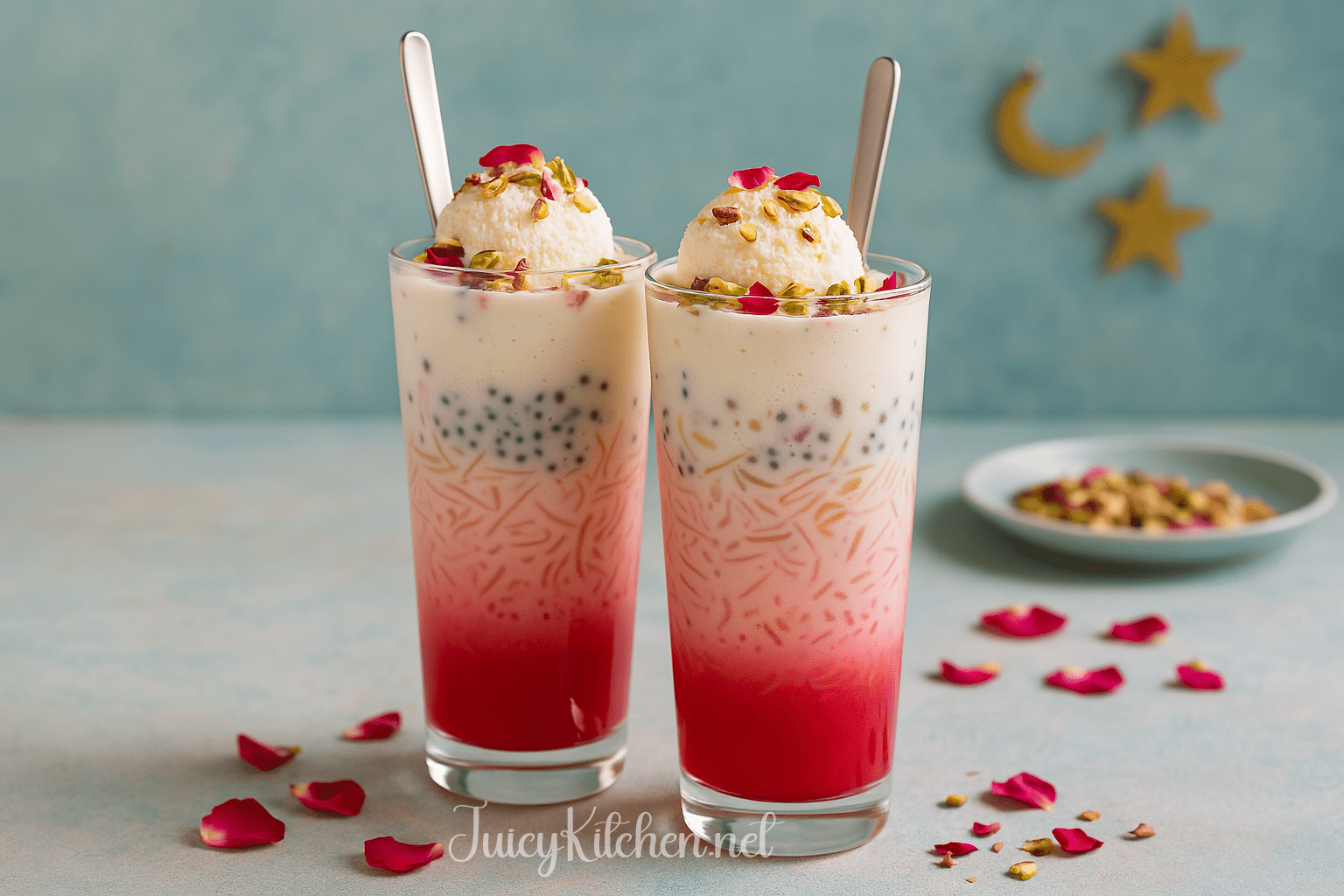 Layered rose falooda drinks topped with ice cream, garnished with rose petals and pistachios.