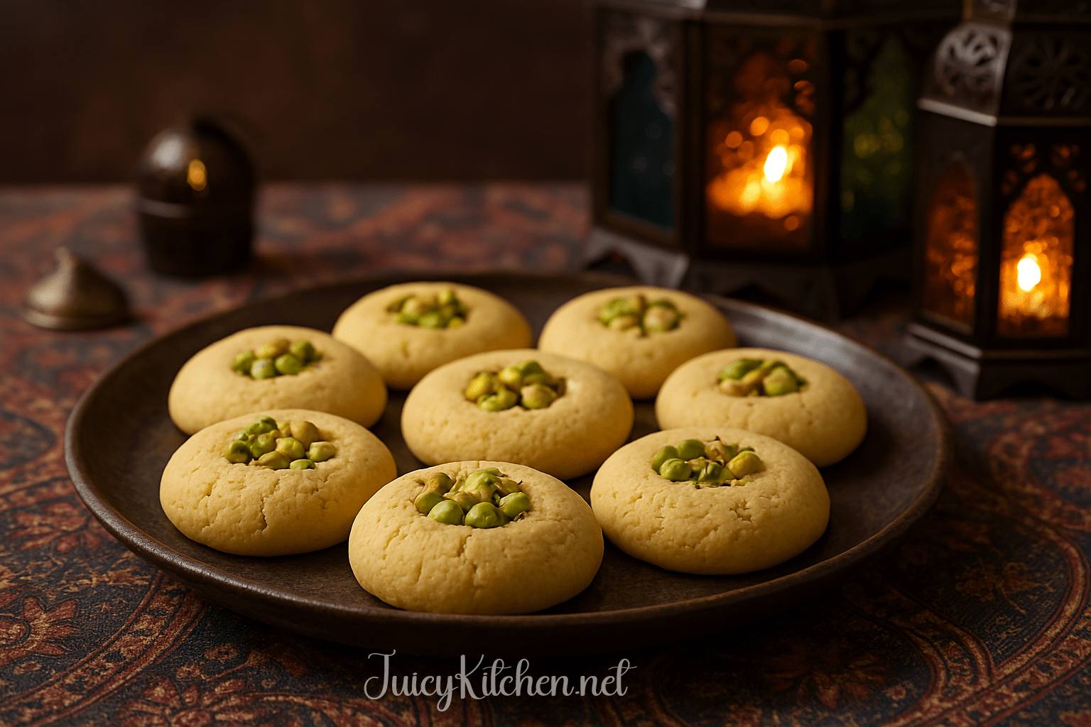 Buttery naan khatai cookies garnished with pistachios, displayed for Eid celebration.