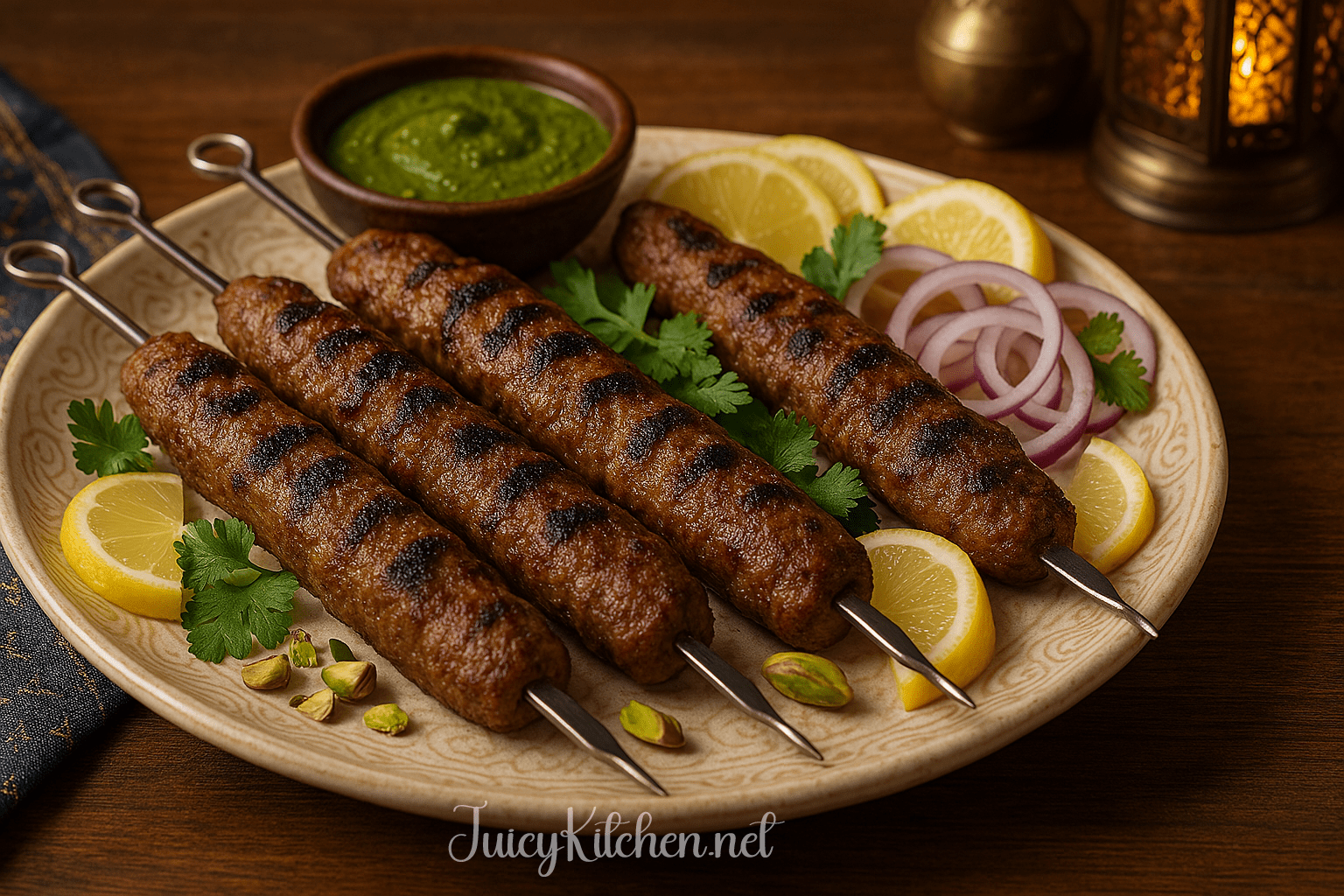 Juicy mutton seekh kebabs on skewers served with chutney and lemon on a platter.